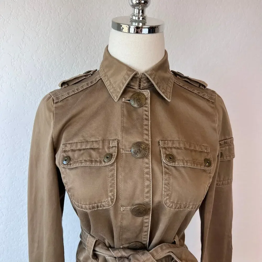 Vintage Y2K J Crew Military Utility Cargo Jacket size XS Cotton Belted Tan - Picture 11 of 14